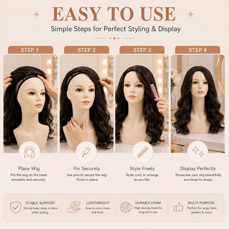 17-inch Female Mannequin Head Form with Eyelashes and Lips Display Stand for Wigs, Hats, Jewelry