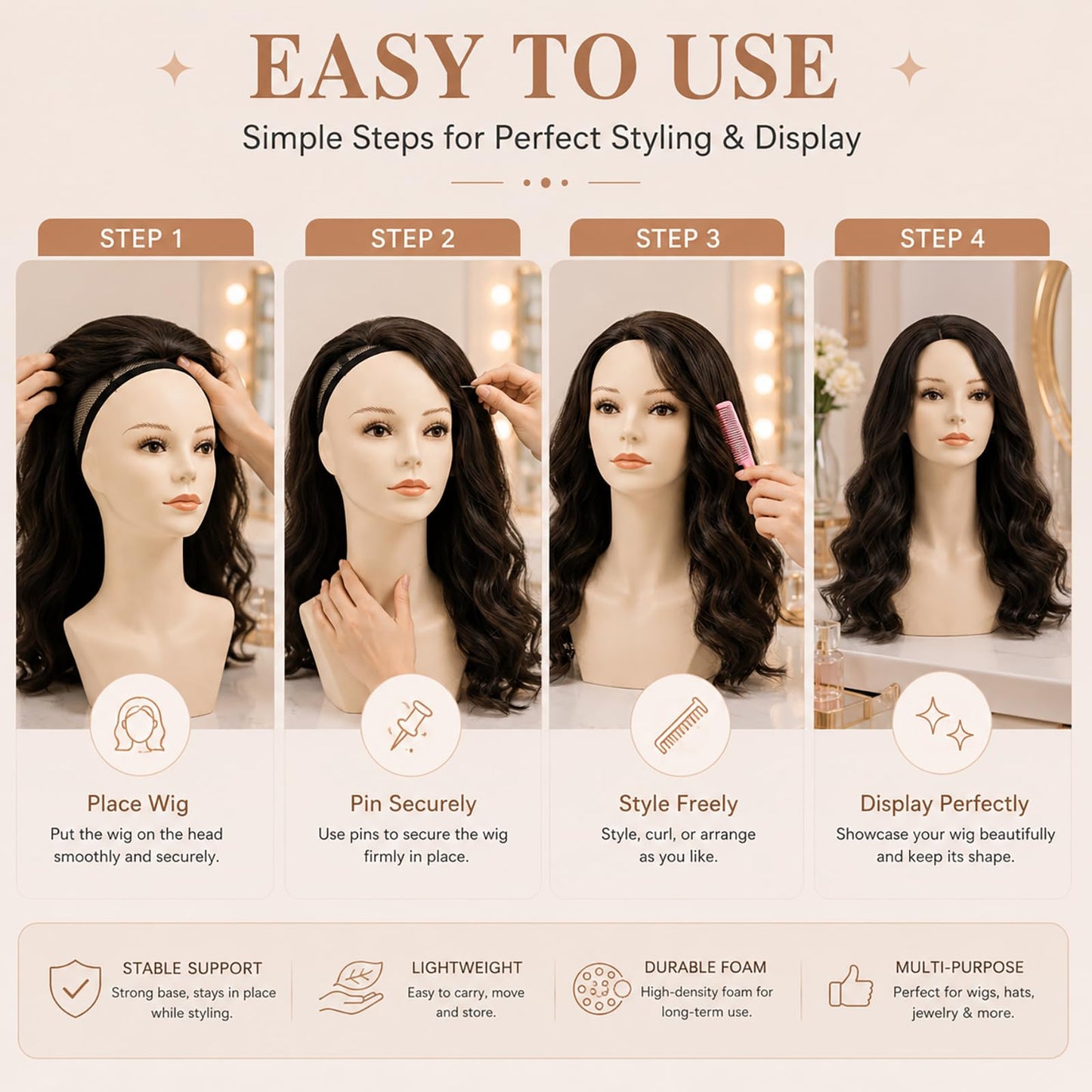 17-inch Female Mannequin Head Form with Eyelashes and Lips Display Stand for Wigs, Hats, Jewelry