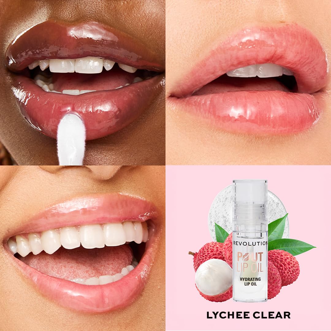 Revolution, Pout Lip Oil, Nourishing Tinted Lip Oil, High Shine, Non-Sticky Finish, Vegan & Cruelty-Free, Lychee Clear, 0.13 oz (Pack of 2)