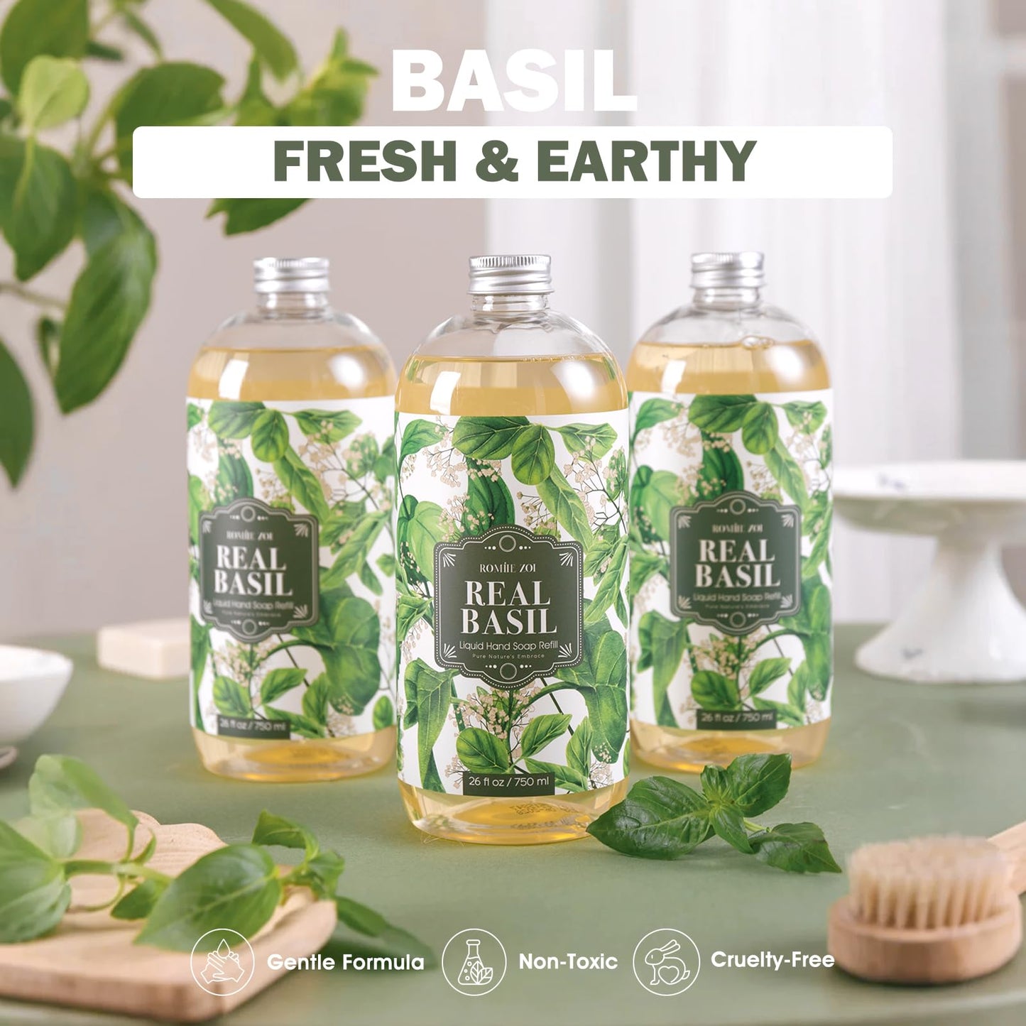 ROMIIE ZOI Liquid Hand Soap Refill Gift Set – Basil Scent, 3 Pack (26 Fl Oz Each), Plant-Based, Biodegradable & Gentle Formula for Daily Use in Kitchen, Bathroom & for Sensitive Skin