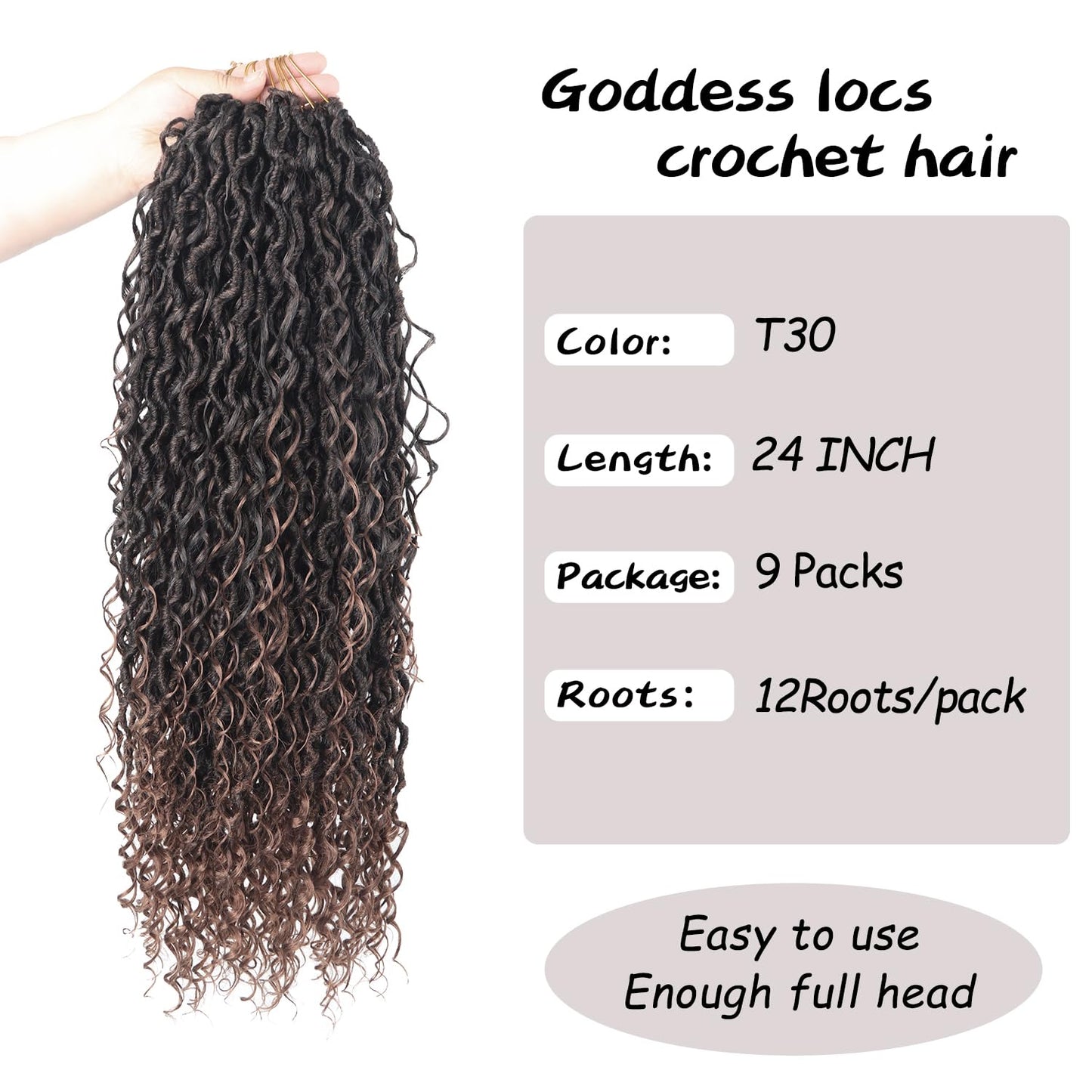 Vemet Goddess Locs Crochet Hair 24 Inch 9 Packs Synthetic Faux Locs Crochet Hair, River Locs Hair Extensions Style Pre looped Crochet with Curly Ends