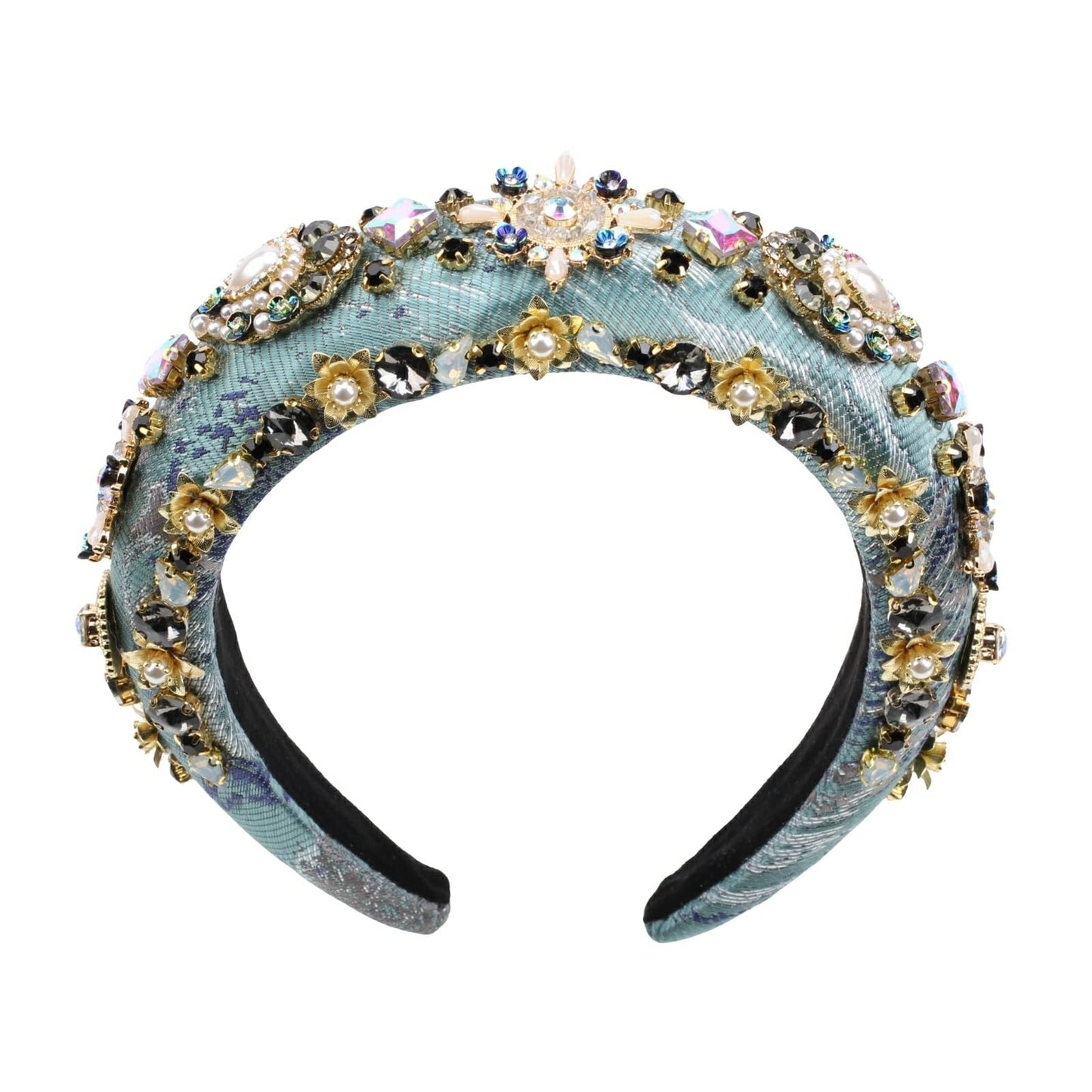 Florate Luxury Baroque Big Wide Crystal Headband for Women Pearl Rhinestone Bead Decorative Hairband Jeweled Head Hoop Party Accessories (HDDY1081-blue)