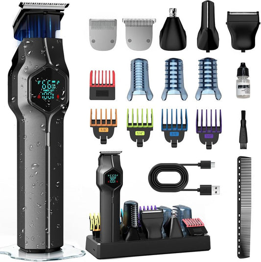 Beard Trimmer for Men - IPX7 Waterproof Cordless Hair Clippers with Snap-On Heads | Grooming Kit for Mustache, Body, Face, Ear, Nose - Gray