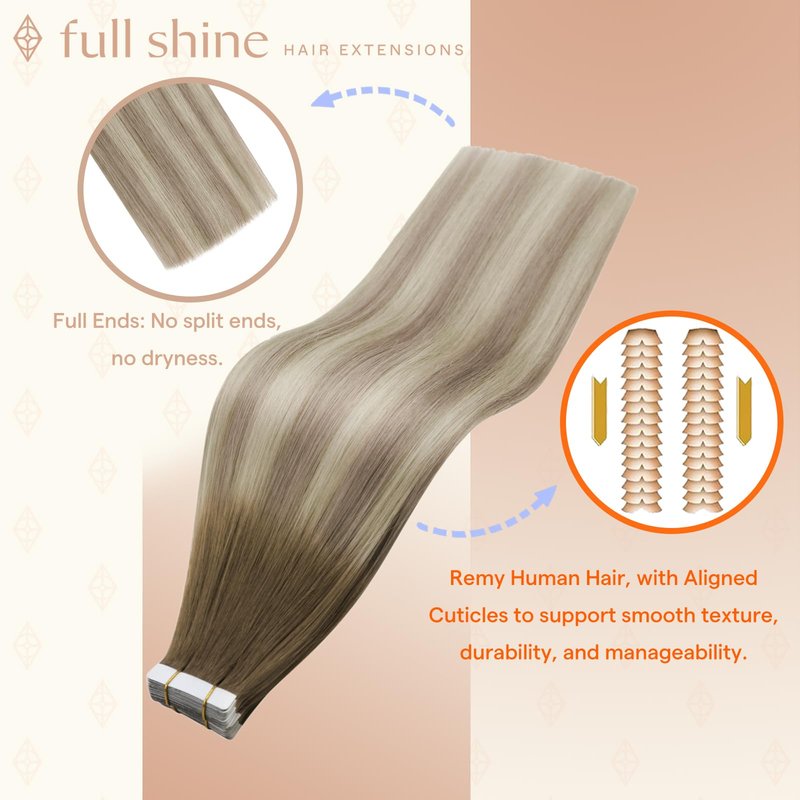 Full Shine Tape in Hair Extensions, Color 8 Light Ash Brown to 60 Ash Blonde and 18 Dirty Blonde, 16 Inch, 50g, 20PCS, Natural Invisible Seamless Tape in Extensions Human Hair Add Volume