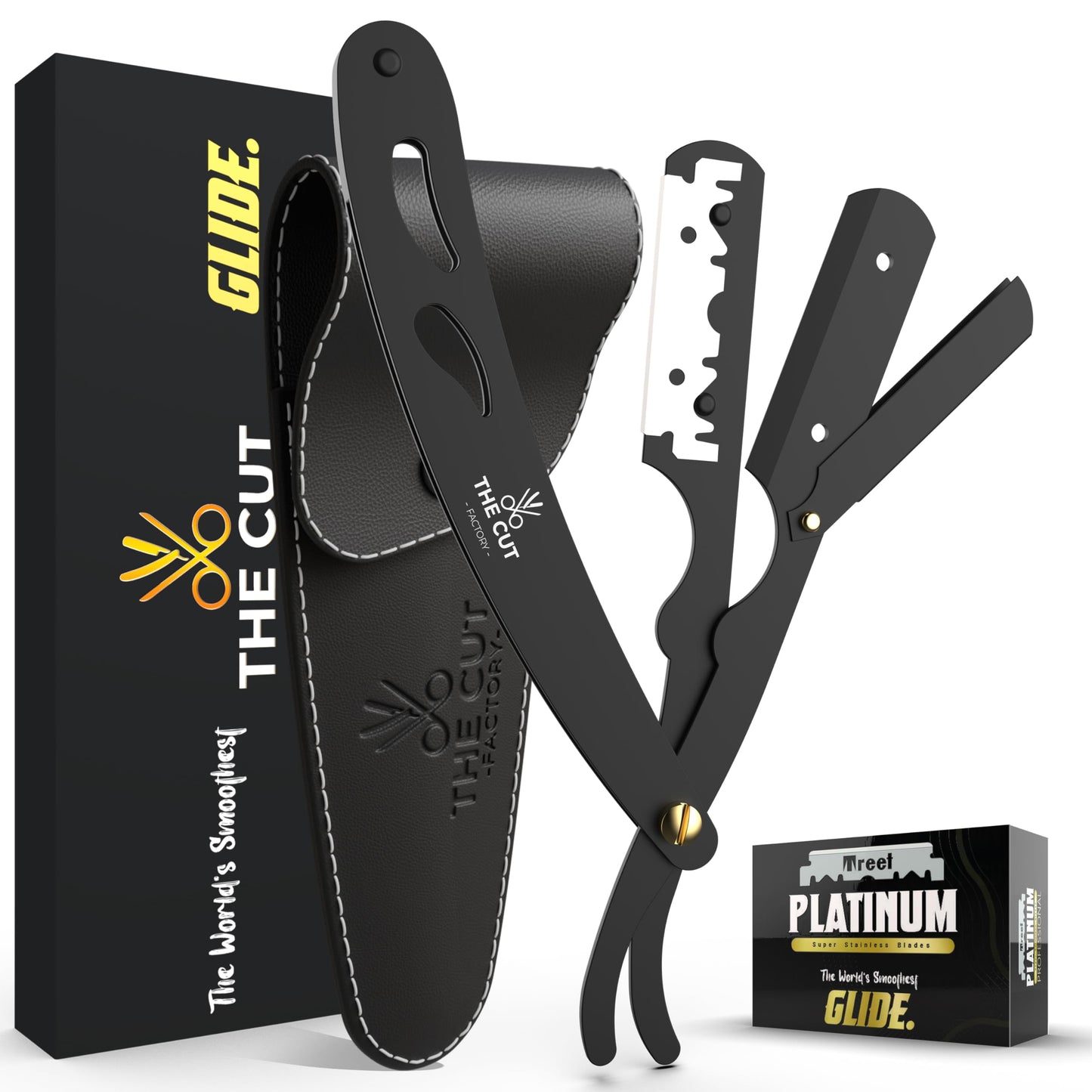 The Cut Factory® Straight Razor for Men Professional Barber Straight Edge Razor for Comfortable Smooth Shave. Gift Box Leather Pouch 20 Single Edge Blades. Our Blades Never Fall