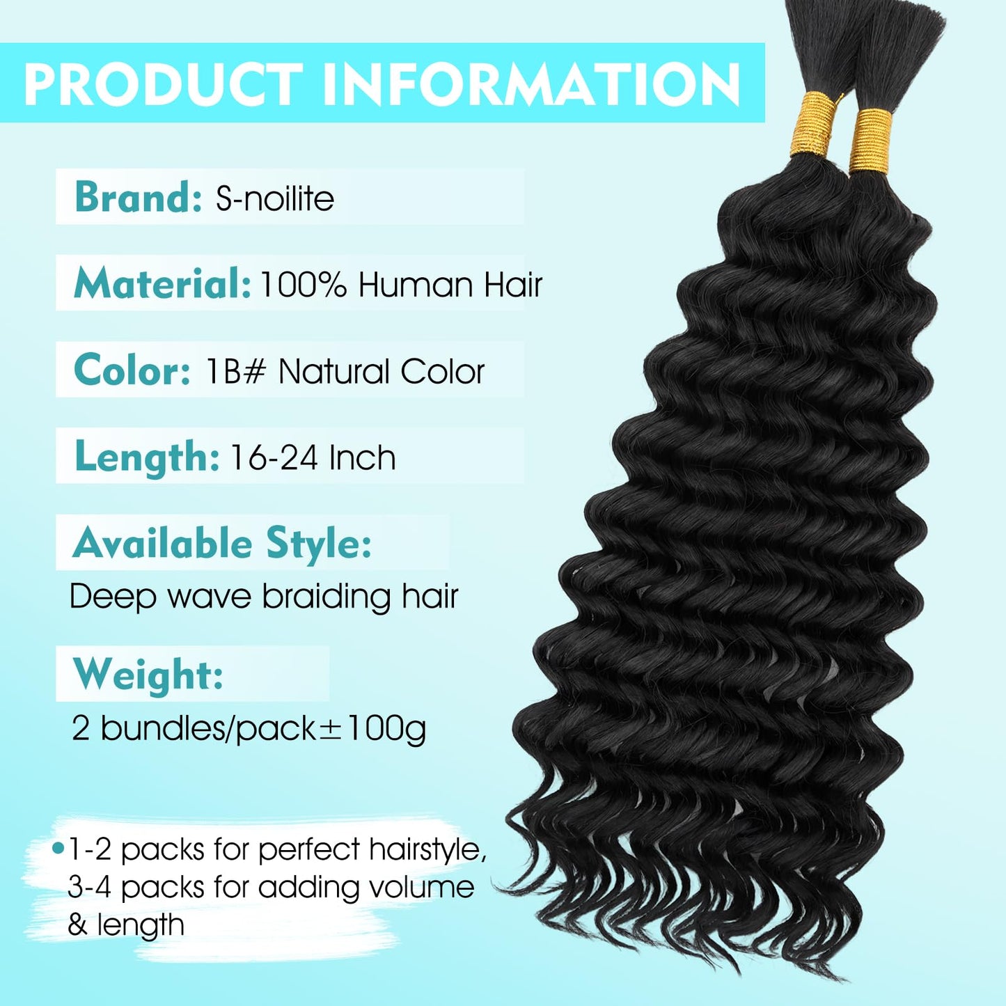 S-noilite Human Braiding Hair for Boho Braids 100% Unprocessed Brazilian Virgin Bulk Hair 2 Bundles/Pack 100g 18 Inch Deep Wave Bundles Human Hair for Bohemian Knotless Braids No Weft #1B