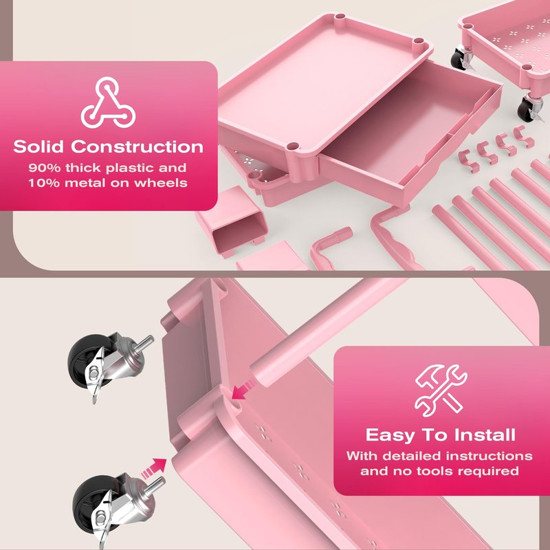 Goovilla Rolling Makeup Organizer Cart with Removable Drawer, 4 Tier Stable Pink Floor Skincare Storage Cart for Vanity, Cosmetic Display, Nail Polish, Perfume, Hair Stuff, Beauty, Bathroom(Plastic)