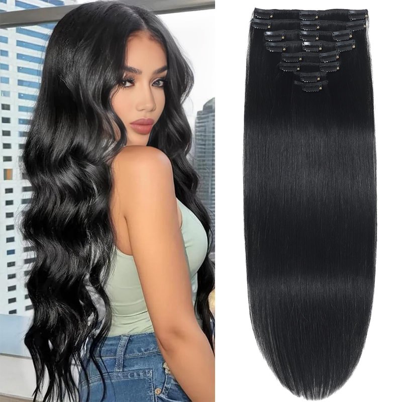 Clip in Hair Extensions Real Human Hair Clip in Extensions for Women Seamless Invisible Jet Black Natural Remy 100% Human Clips ins Extension 8pcs Double Weft 16 inch 3.2oz/90g