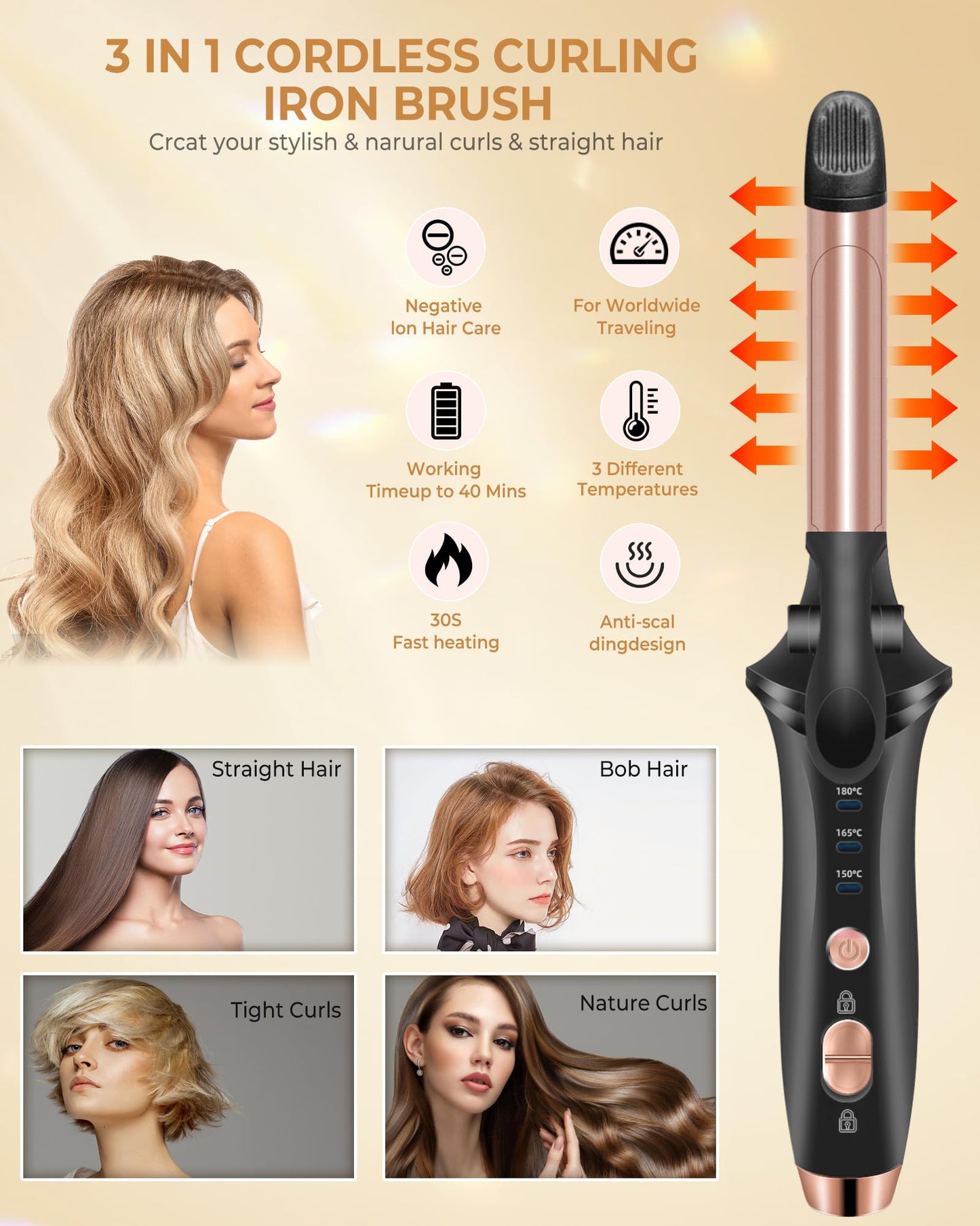 Cordless Curling Iron,4000 mAh USB Rechargeable Mini Travel Curling Iron