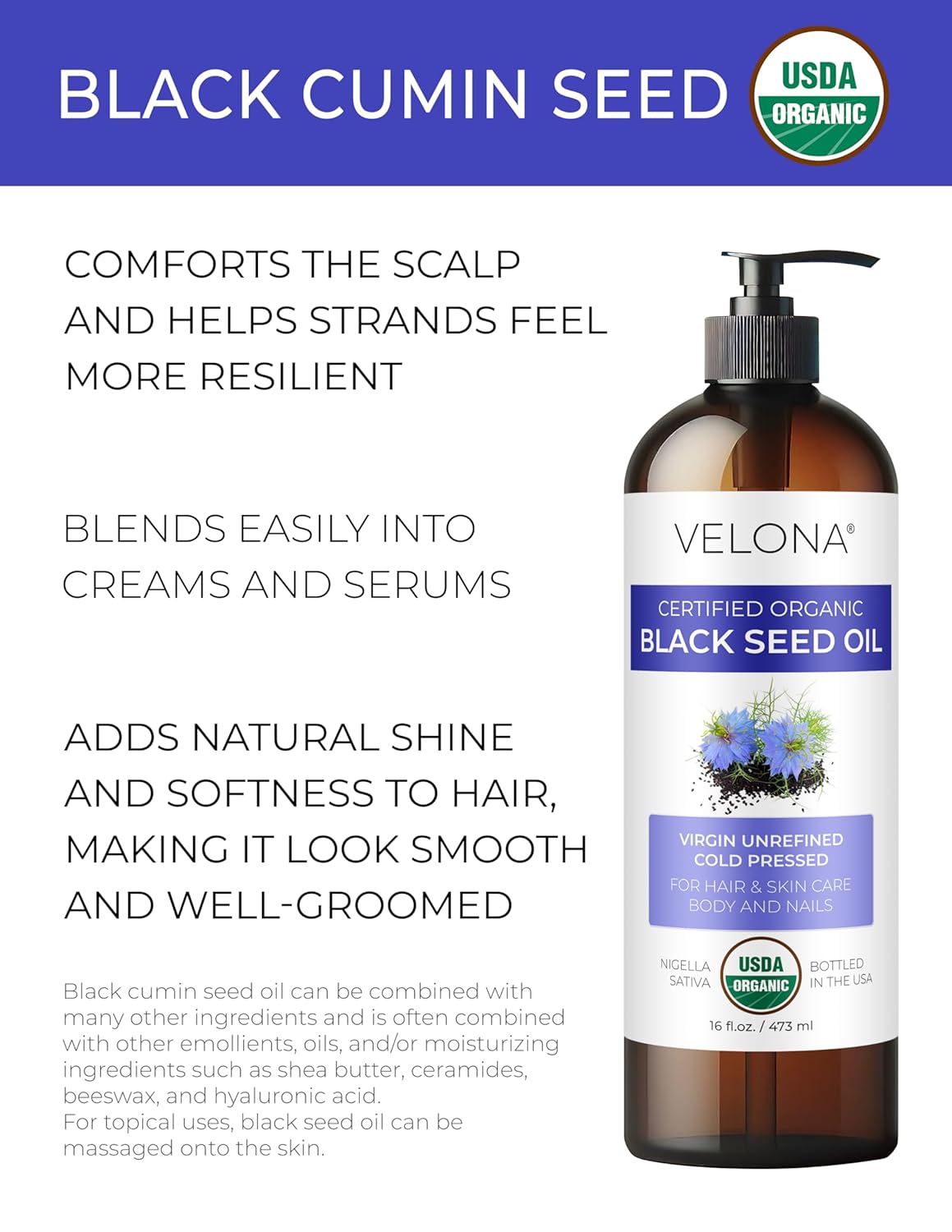 Black Cumin Seed Oil - USDA Organic 16 Fl Oz | 100% Pure Cold Pressed Carrier Oil for Hair, Skin & Body Care