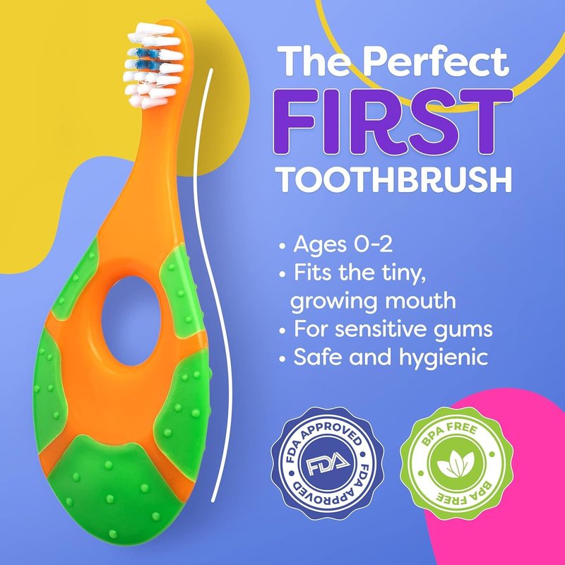 Baby Toothbrush 12 months and up - Toddler Toothbrush - Soft Bristles - Child Sized Brush Heads - infant toothbrush - Kids Tooth Brush - Easy Storage - Unisex Girl & Boy Set (4-Pack, Multi-Color)