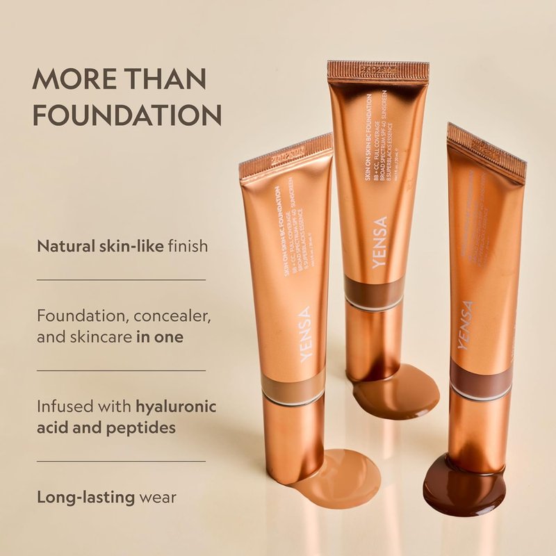 YENSA Full Coverage Foundation | CC & BB Cream with SPF 40, Hyaluronic Acid & Peptides - Light Warm (1 oz)