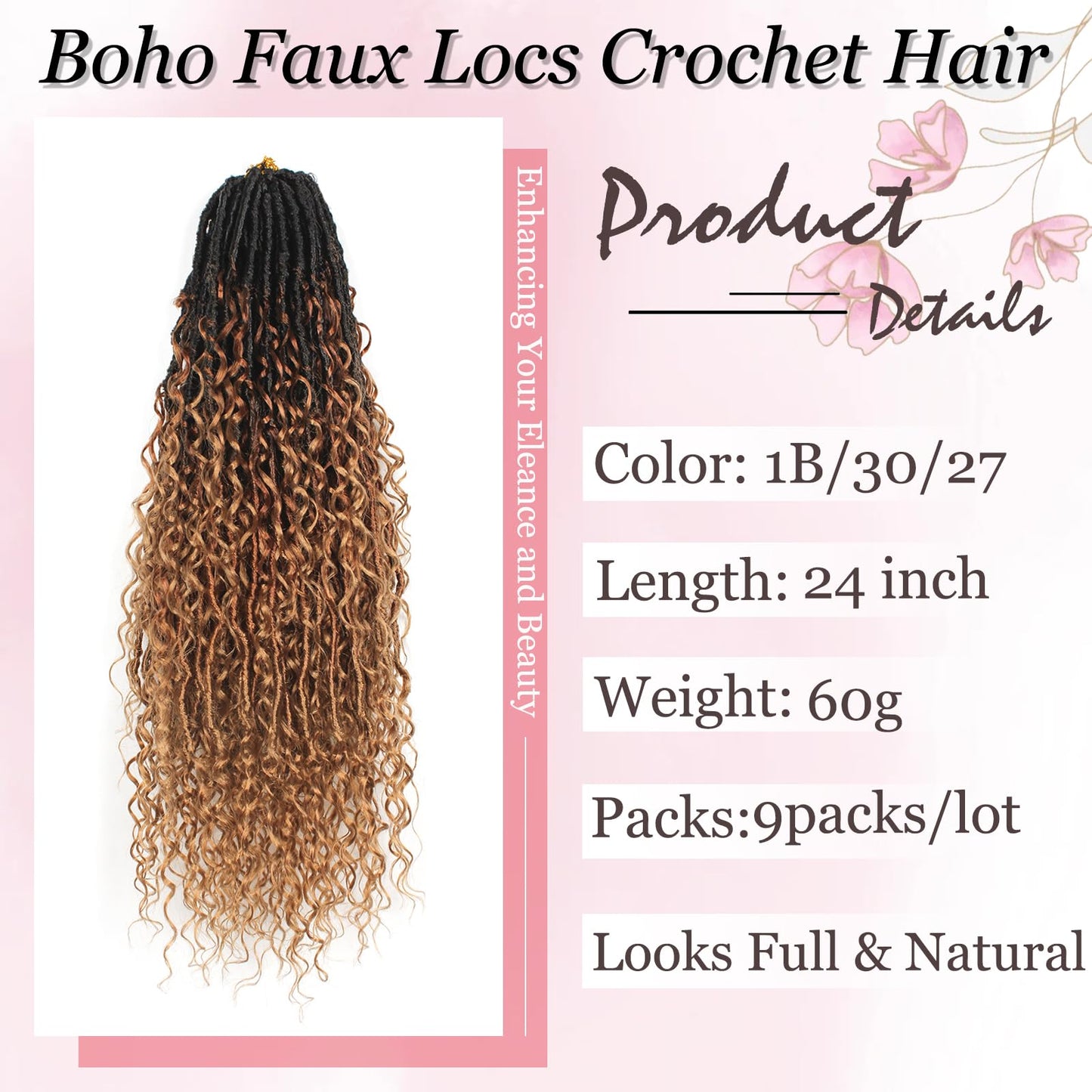 Haftaluv Boho Faux Locs Crochet Hair 9 Packs Long Goddess locs 24 Inch Boho Soft Locs With Curly Ends Pre Looped Bohemian River Loc Crochet Hair For Women (24 inch,1B/30/27)