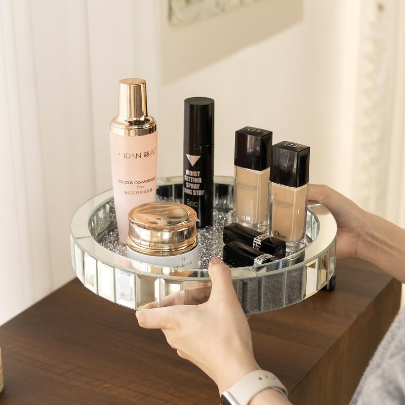12in Round Rotating Organizer Tray,Silver Mirror Glass Coffee Table Tray,Table Centerpieces Decorative Trays for Home Decor,Living Room, Modern Decorative Trays, Centerpiece Trays
