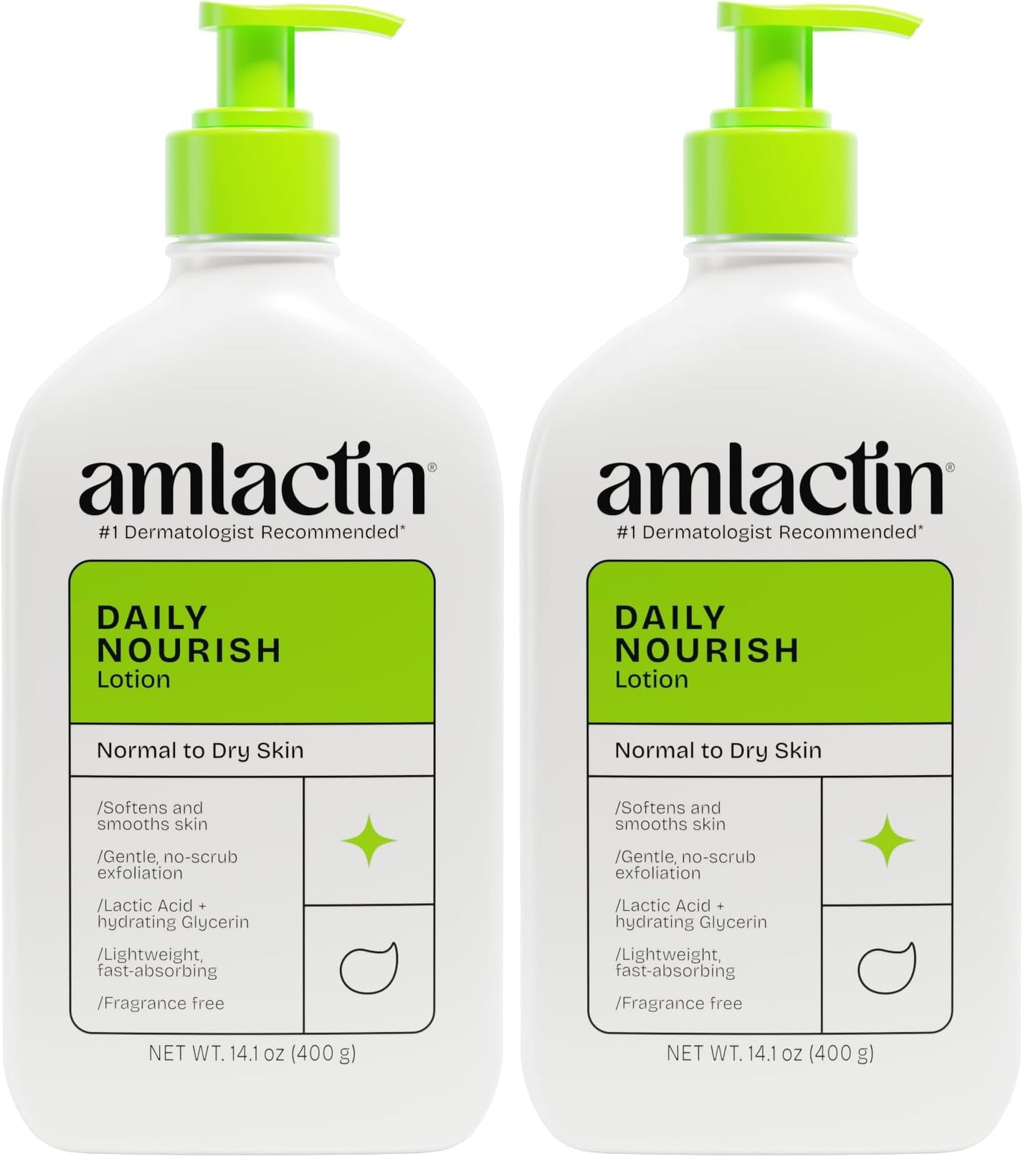 AmLactin Daily Nourish Therapeutic Body Lotion for Dry Skin - No-Scrub Exfoliator and Moisturizer 12% Lactic Acid Lotion,14.1 oz (Packaging May Vary),(Pack of 2)