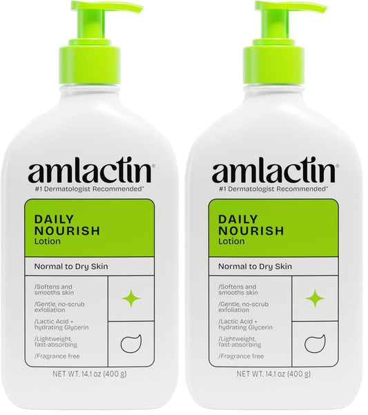 AmLactin Daily Nourish Therapeutic Body Lotion for Dry Skin - No-Scrub Exfoliator and Moisturizer 12% Lactic Acid Lotion,14.1 oz (Packaging May Vary),(Pack of 2)