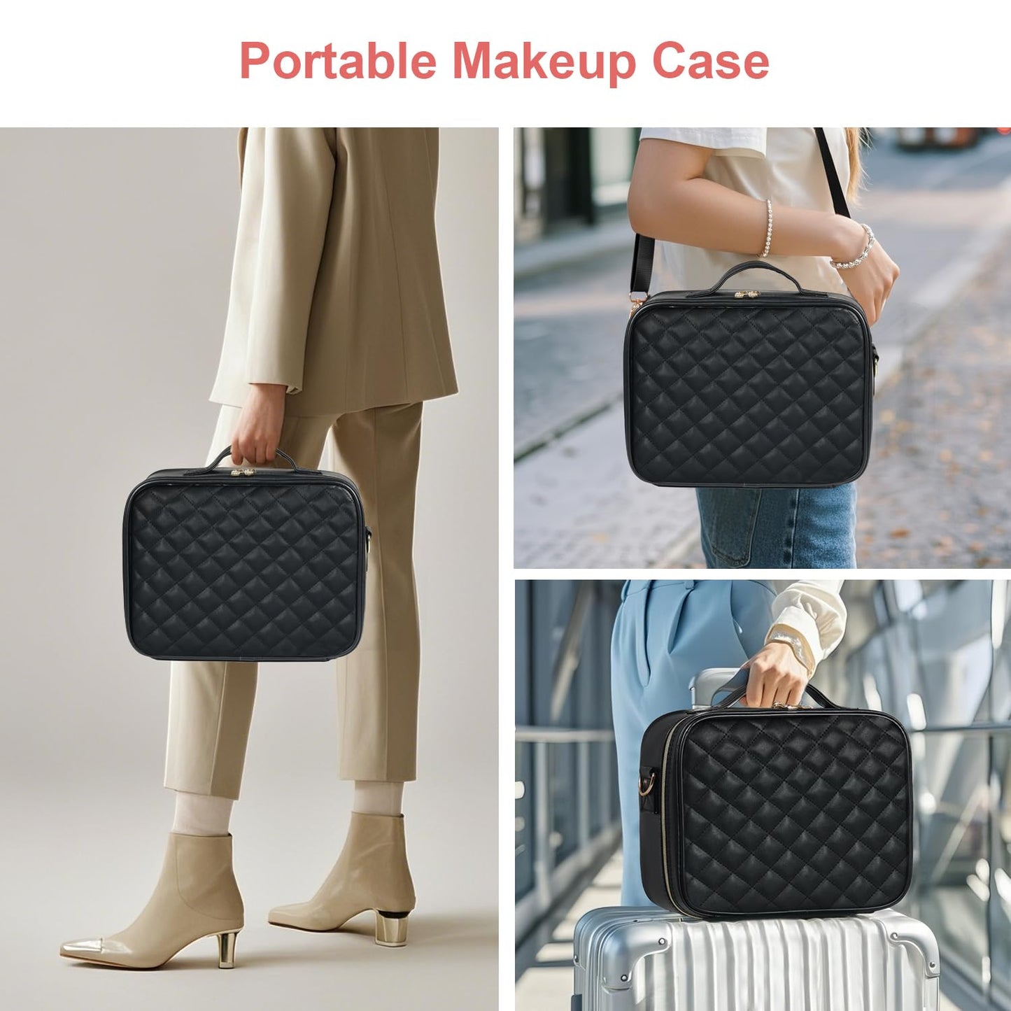 Makeup Case with LED Light Mirror, Professional Portable Travel Cosmetic Organizer Bah with Adjustable Dividers, USB Charging, Large Capacity, Ideal for Travel, Gift for Women Girls, Black