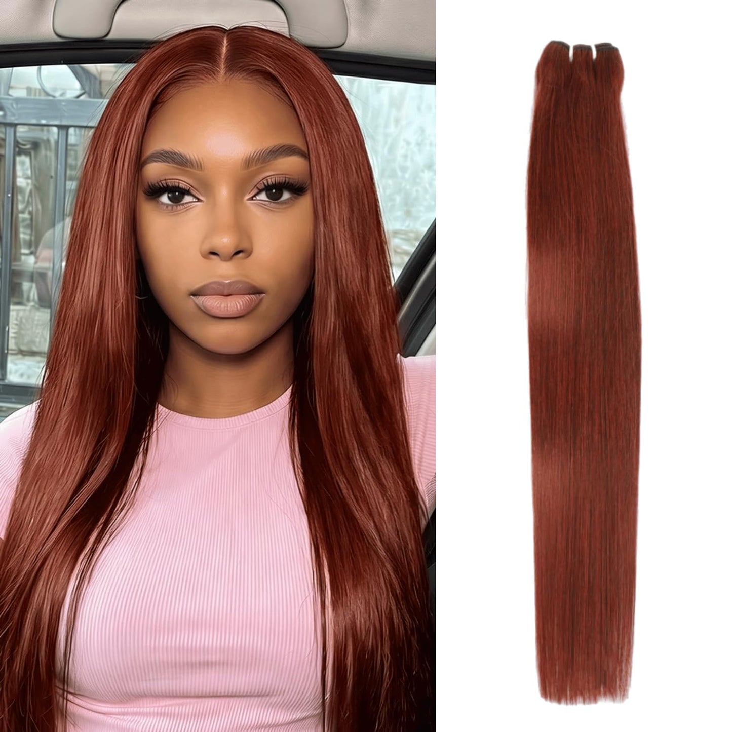 HERMOUS 13A Double Drawn Reddish Brown Bundles Straight Human Hair, 100% Real Raw Human Hair Full and Thick #33B Copper Red Auburn Brown Colored Single Bundles for Quick Weave Sew In 12 Inch