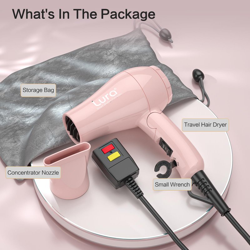 Foldable Travel Hair Dreyr Mini:Dual Voltage Small Lightweight Blow Dryer for International Travel,1200w Compact Hairdryer with Concentrator and Travel Bag(Light Pink)