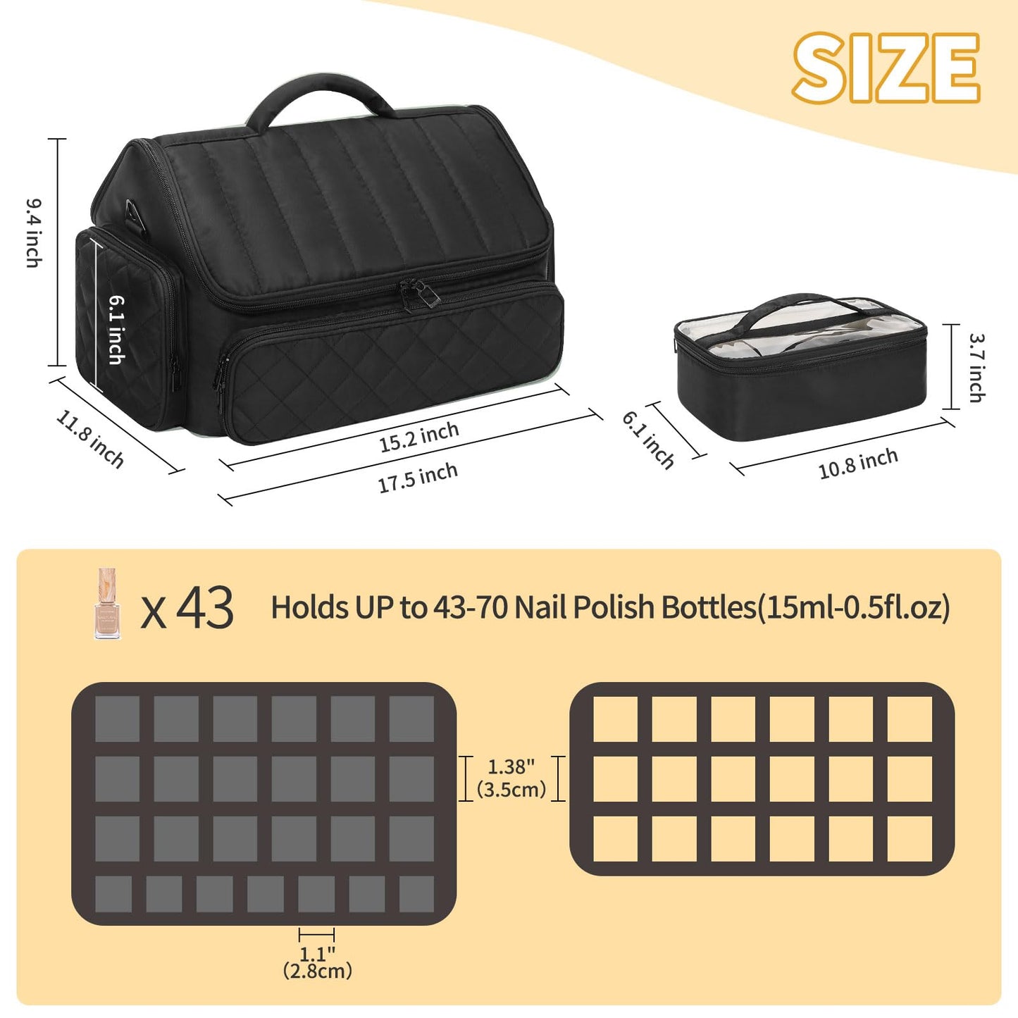 onemoky Nail Polish Organizer, Nail Organizers and Storage Bag Holds 43-65 Bottles Nail Polish and Nail Lamp, Travel Nail Tech Case Nail Bag Organizer Case for Nail Supplies & Manicure Tools, Black