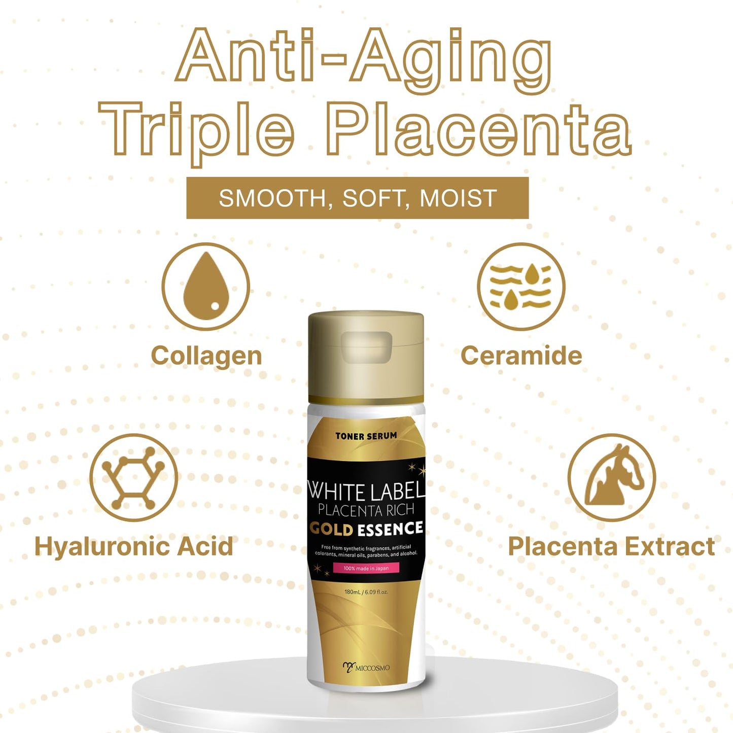 WHITE LABEL Placenta Rich Gold Essence 180ml | 3x Concentrated Placenta & Hydrating Japanese Toner | With Hyaluronic Acid, Collagen & Ceramide for Aging & Dull Skin
