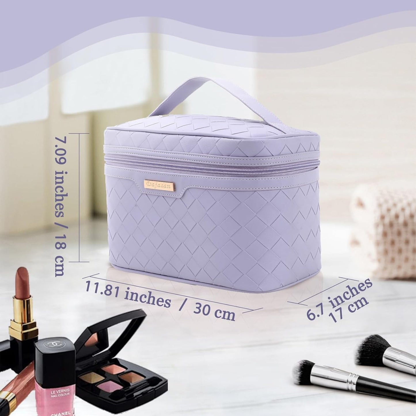 Makeup Bag - Large Capacity Travel Cosmetic Organizer | Waterproof PU Leather - 11.81 x 6.7 x 7.09 Inch (Purple)