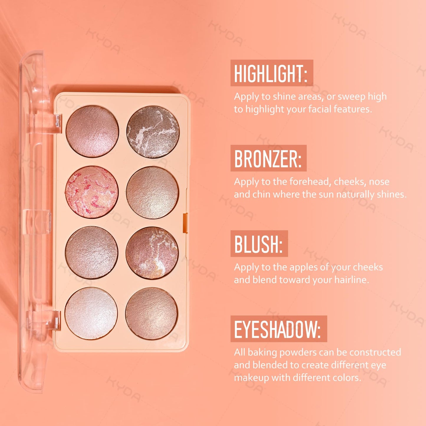 KYDA 8 Colors Baked Powder Palette, Mulitiuse Baked Powder for Eyeshadow Highlighter Contour, Lightweight Blendable, Buildable Glossy Color, Golden Luster