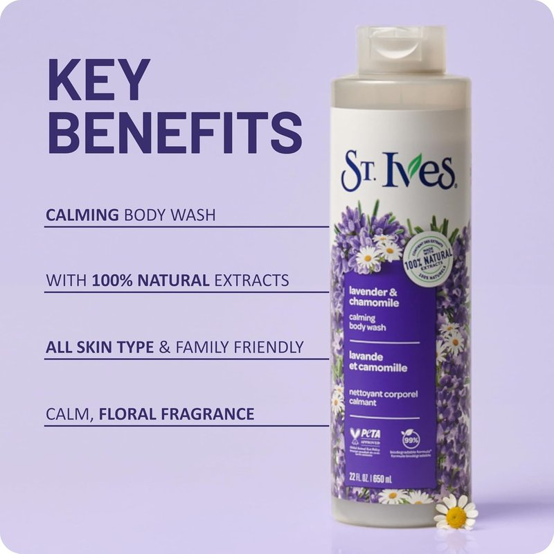 Lavender & Chamomile Body Wash - Calming Natural Extracts, 22oz | Moisturizing Daily Shower Gel