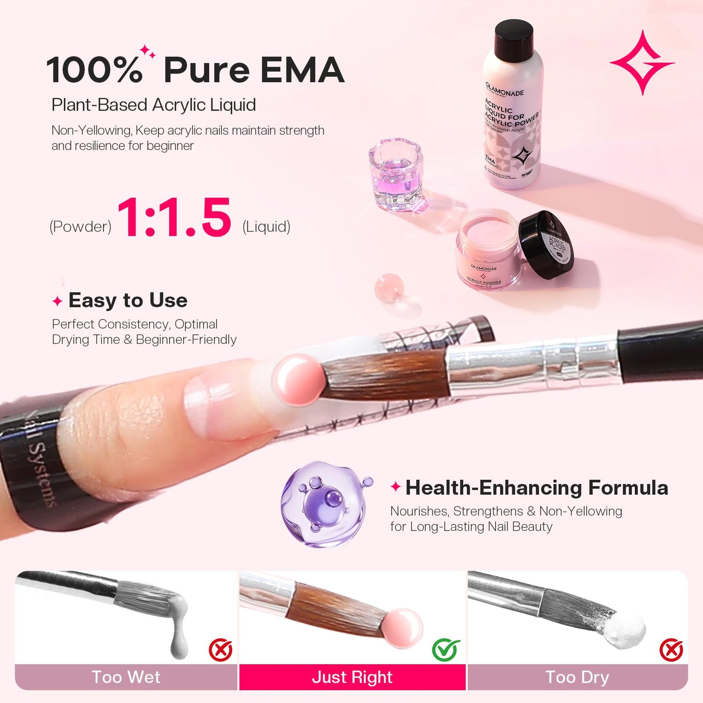Glamonade Acrylic Nail Kit for Beginners: Professional Nail Set with Drill Acrylic Powder Gel Polish Nail Stamp for Home Starter Practice & DIY Manicure