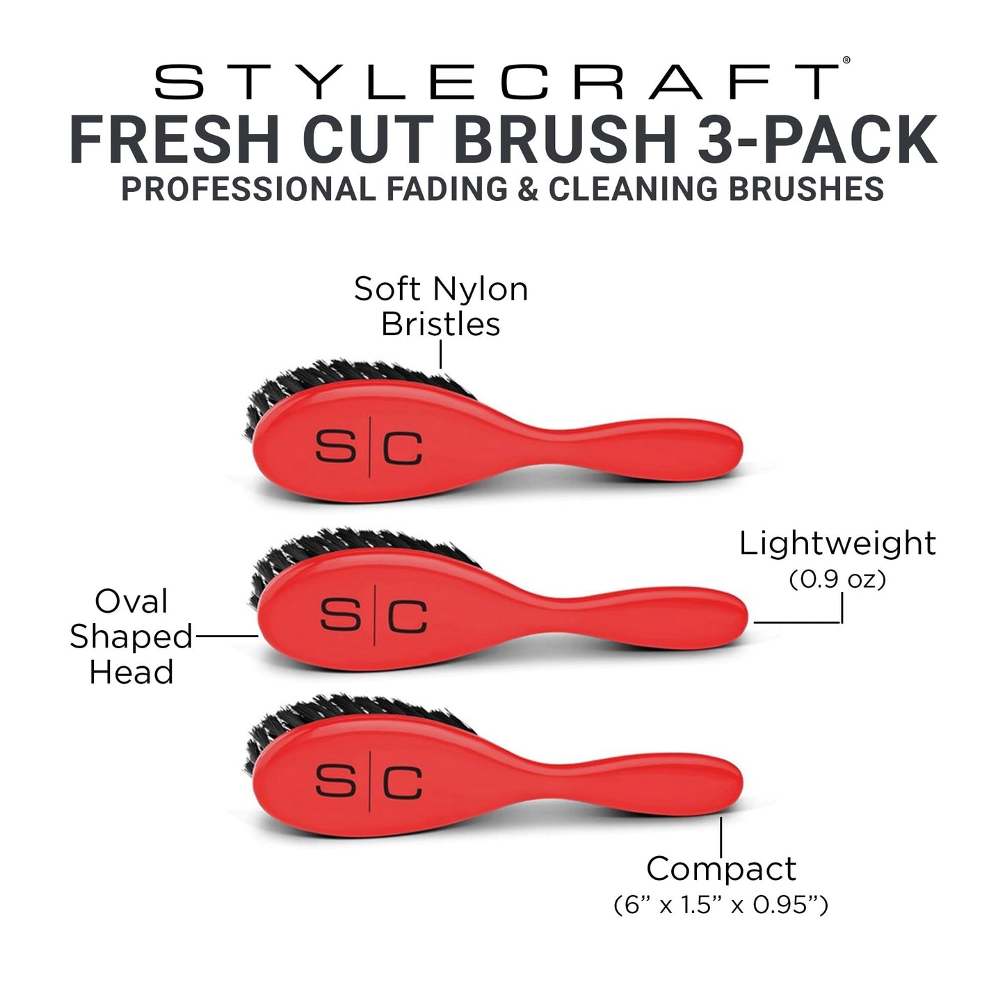 StyleCraft The Fresh Cut Professional Fade and Cleaning Barber Hair Brush with Soft Nylon Bristles Set of 3, Black