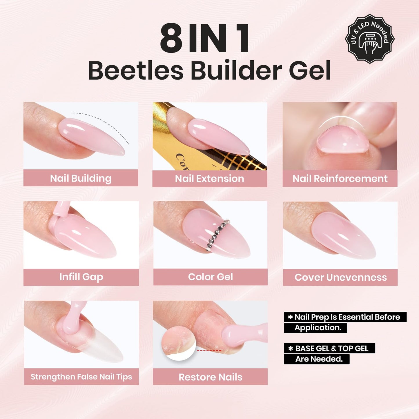 Beetles Builder Gel Set, 12 Colors 8 in 1 Nude Pink Glitter Builder Gels