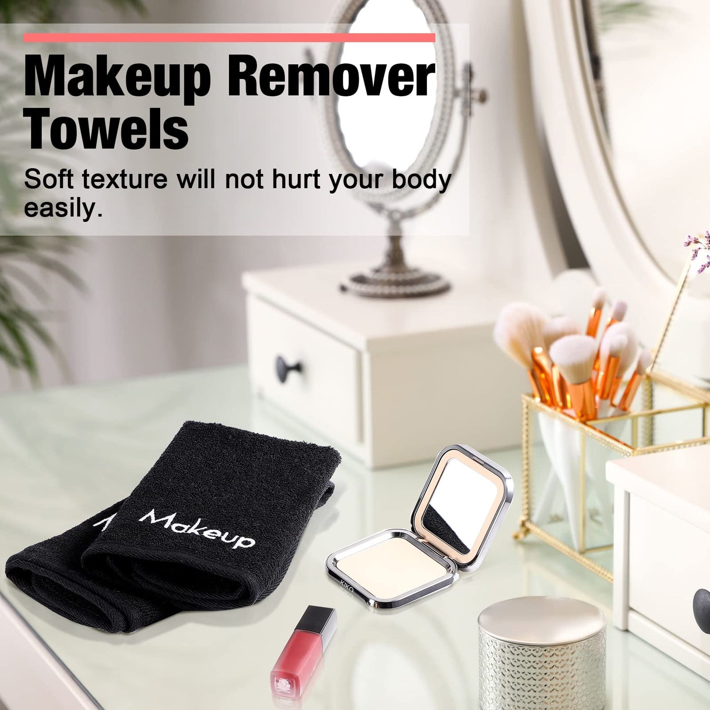 Chumia 18 Pcs Makeup Remover Cloths 13 x 13 Inch Makeup Towel Face Washcloths with Embroidery Black Reusable Washcloths Soft Cleansing Face Towel for Women