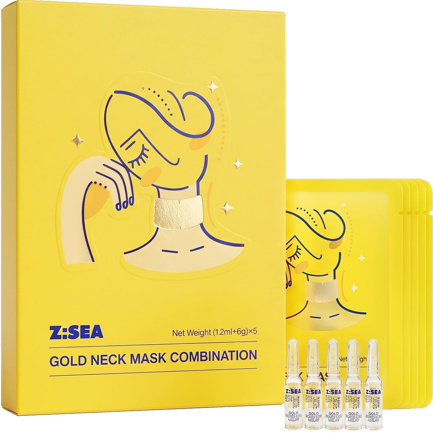 Z:SEA Collagen Cream Neck Mask & 98% Real Gold Serum Set – Treatment Anti-Aging for Crepey Skin & Tech Neck, Firming, Lifting, Hydrating, Eliminate Wrinkle Lines, Peptides, Hyaluronic Acid, 5Ct