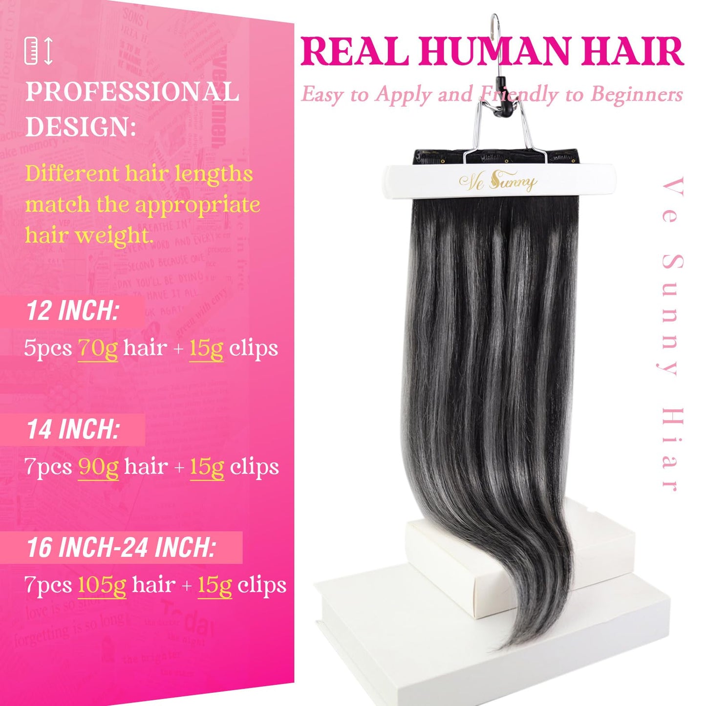 Ve Sunny Clip in Human Hair Extensions Black Grey Clip in Hair Extensions Human Hair Off Black to Silver Grey Balayage Clip on Hair Extensions Short Hair 70g 5pcs 12inch, 2.4692 Ounce