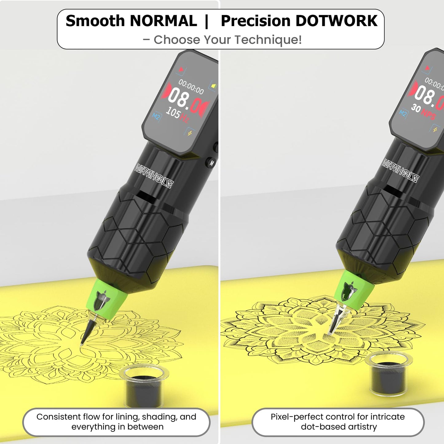 Wormhole Tattoo Gun Wireless Tattoo Machine 1500mAh Battery Aluminum Alloy Smart Tattoo Pen Dot Working Mode Multifunctional Machine for Professional Artist Black