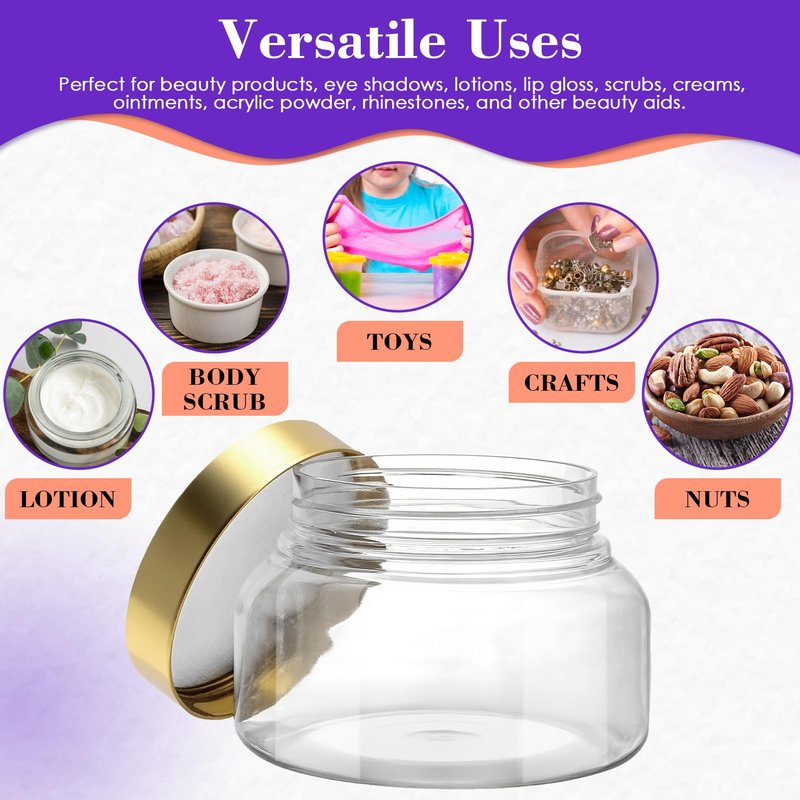 36 Pack 8 oz Plastic Cosmetic Containers With Lids Refillable Clear Empty Travel Jars Containers for Body Butter,Sugar Scrubs,Cream,Lotions,Candy, Waterproof Label&Spatulas - (Gold)
