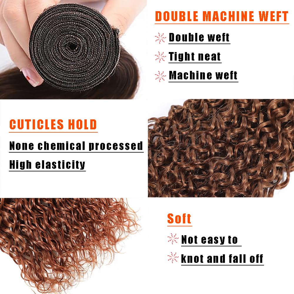 Color #30 Light Brown Human Hair Bundles Water Wave 16 18 20 Inch Curly Bundles Human Hair Unprocessed Native Virgin Hair 100/PC 3 Extensions Deep Wet and Wavy Human Hair Extensions for Women