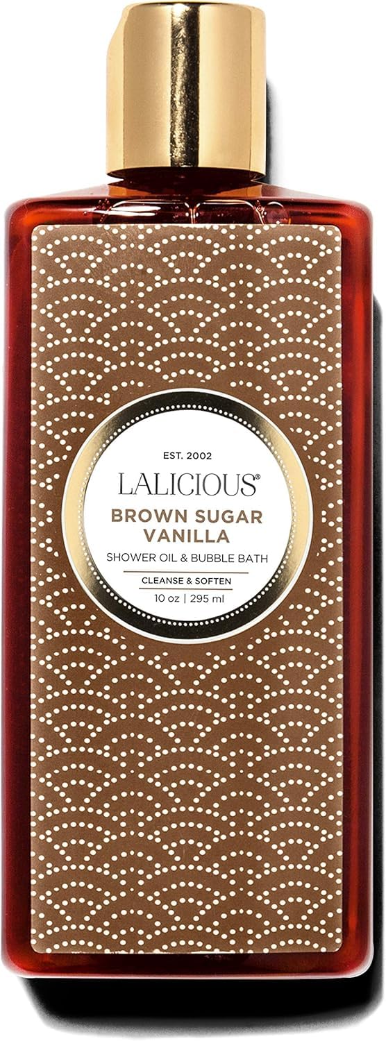 LALICIOUS Brown Sugar Vanilla Shower Oil & Bubble Bath, Moisturizing Body Wash with Topical Probiotics & Grapeseed Oil, Multi-Use Softening Cleanser for Shower, Bath & Shaving, 10 oz