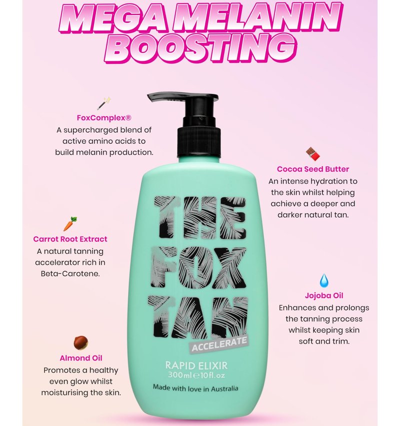 The Fox Tan Rapid Tanning Elixir, Natural Tanning Accelerator Lotion For Darker & Faster Tans, Creates Flawless Tan Skin, Vegan & Cruelty-Free, 300mL
