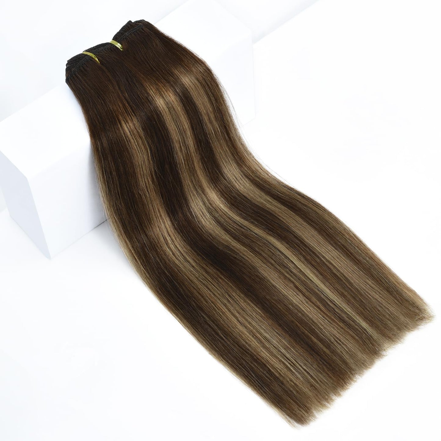 Rose bud Clip in Hair Extensions Real Human Hair 7Pcs 16Clips 14Inch 130g Natural Thick Hair Extensions Human Hair Medium Brown to Dark Blonde