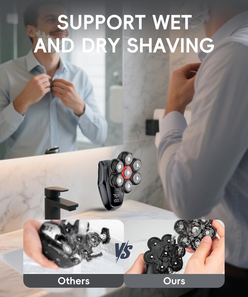 Head Shavers for Bald Men - IPX8 Waterproof Electric Razor for Wet/Dry Use with LED Display, USB-C Fast Charge & 5 Attachments Black