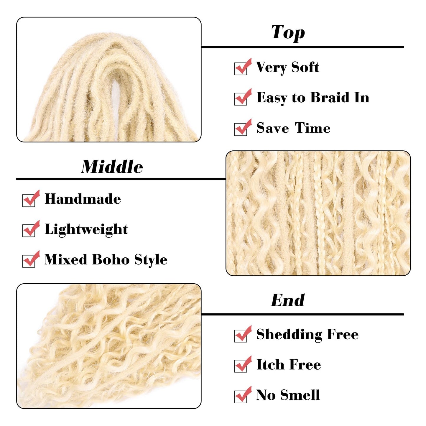 Leeven Synthetic Dreadlock Extensions Double Ended 24 Inch 30 Strands Boho Dreads 613 Blonde 3 Style Mixed Wavy Curly DE Dreads Braid in Full Set Dread for Women Girl