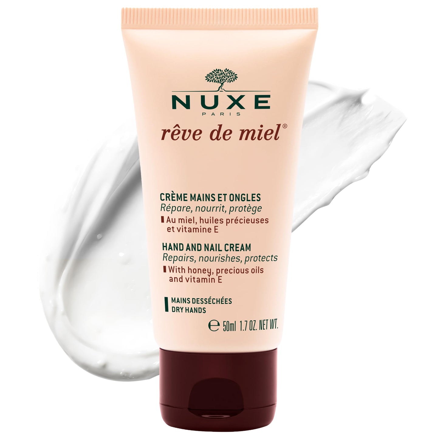 NUXE Rêve de Miel Hand and Nail Cream With Honey Shea Butter Almond Oil and Vitamin E for Dry Cracked Hands, 1.7 Fl Oz