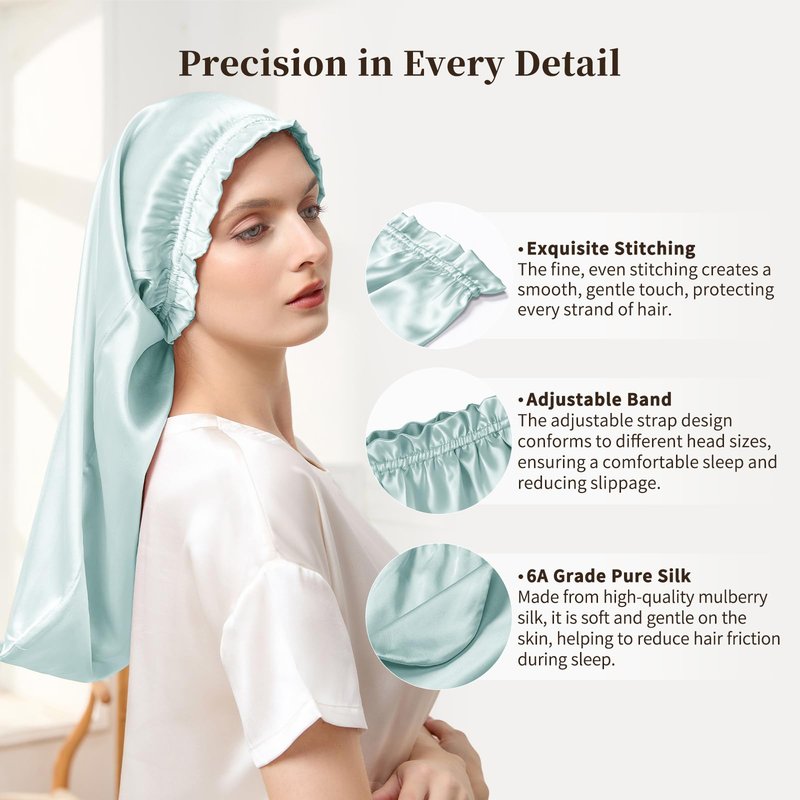 THXSILK 100% Mulberry Silk Bonnet for Sleeping Women Sleep Bonnet with Elastic Band Silk Wrap Hair Cap for Women Long Curly Hair Light Blue