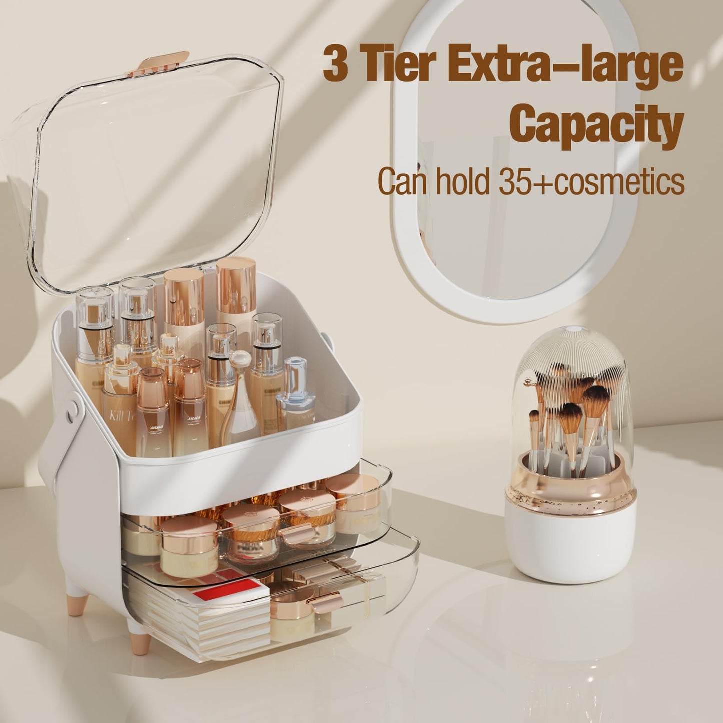 CLBDRESS Makeup Organizer Countertop & 360° Rotating Makeup Brush Holder, Skincare Holder with Lid and Drawers, Storage Box Cosmetic Display Cases, Teen Girl Gifts, Vanity, Bathroom Counter,Rose Gold