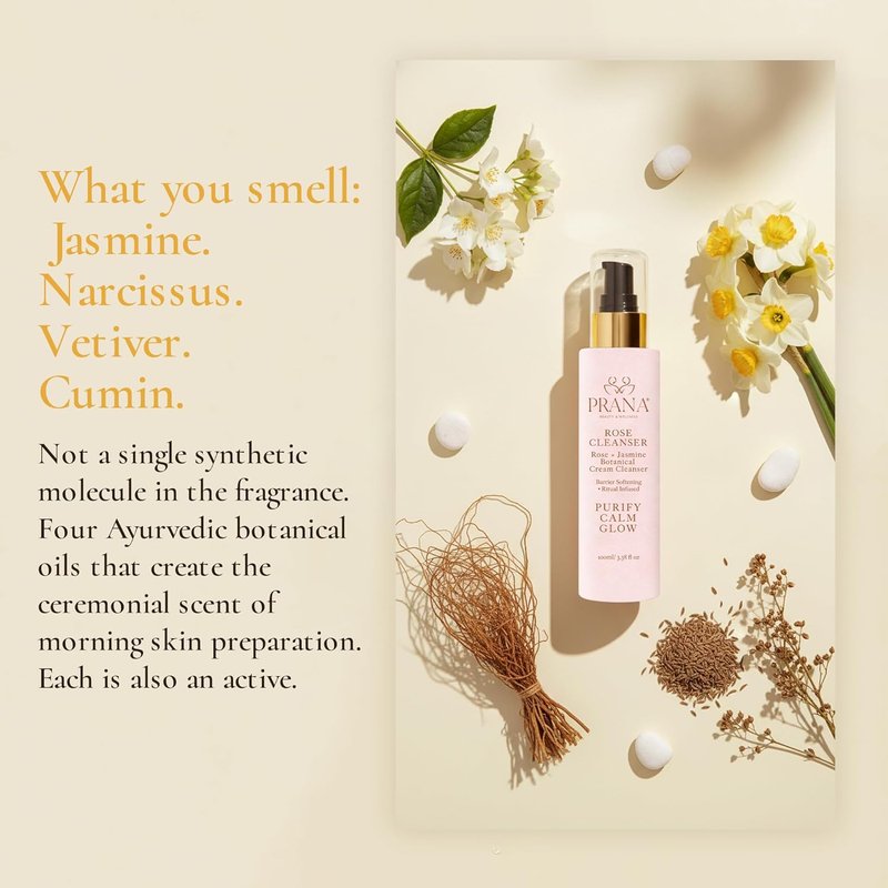 PRANA Rose & Jasmine Facial Cleanser - Natural Ayurvedic Face Wash with Jojoba & Cucumber | Anti-Aging & Brightening 100ml