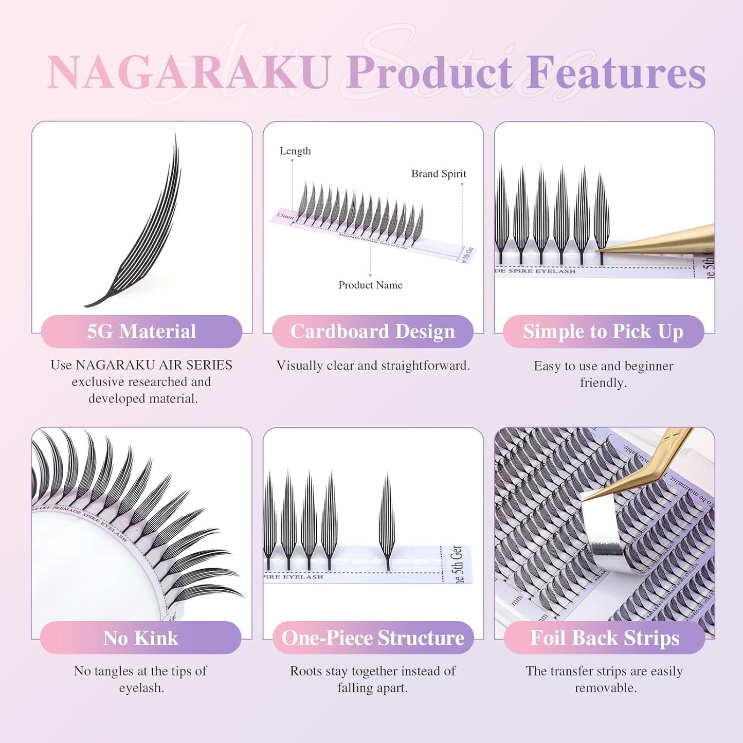 Premade Spire Eyelash Extensions - Feather Shape Manga Lashes | Soft Black, 5 Trays, 8-15mm Mix
