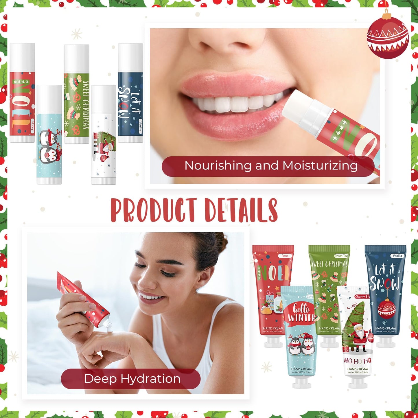 Heigble 30 Pcs Christmas Hand Cream and Lip Balm Gift Sets, Christmas Stocking Stuffers Travel Size Hand Lotion Lip Balm Xmas Party Holiday Gifts for Women Mom Staff Coworkers Adult Girls