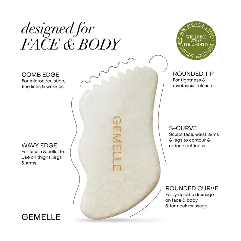 GEMELLE White Jade Gua Sha Tool – 10x Award-Winning Face & Body Sculpting Stone with 5-Edge Design for Lymphatic Drainage, Puffiness & Jawline – Premium Gift for Women, Glow-Boosting Natural Ritual