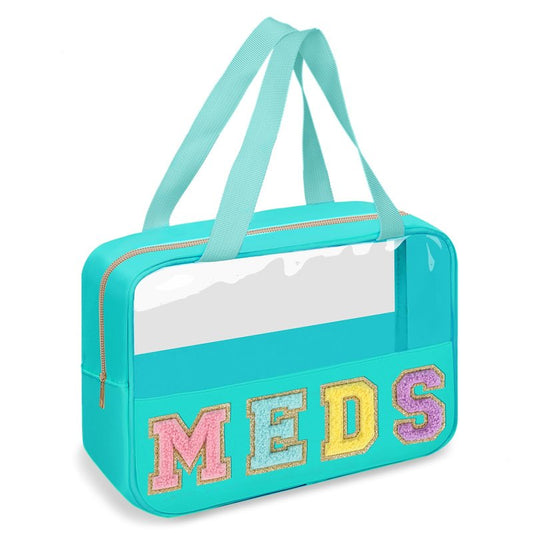 Chenille Letter Clear Makeup Bag MEDS Tote, Large Preppy Medicine Bag Travel Drugs Pills Bag Zipper Pouch with Handle,Waterproof Nylon Portable Cute Cosmetic Toiletry Storage Bag for Women(MEDS-Green)